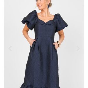 Chic Navy Puff Sleeve Midi Dress